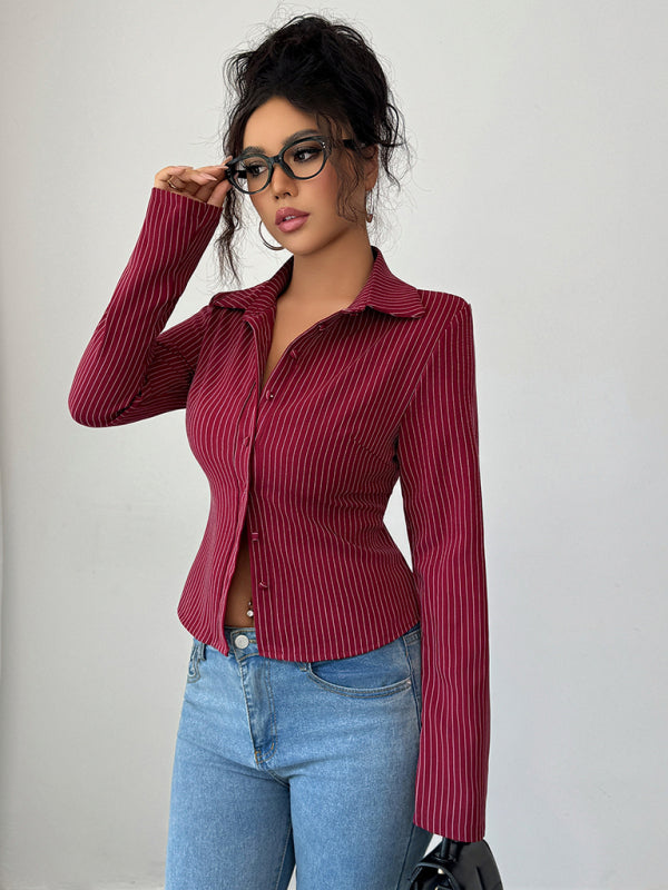 Casual simple high-end striped long-sleeved cardigan shirt - Hey Love Boutique