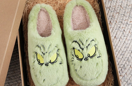 Christmas cotton slippers for men and women, green furry winter warm indoor slippers - Hey Love Boutique