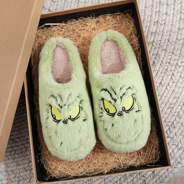 Christmas cotton slippers for men and women, green furry winter warm indoor slippers - Hey Love Boutique