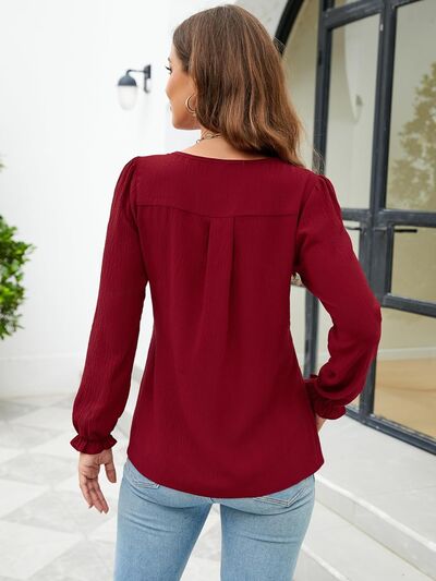 Notched Flounce Sleeve Blouse - Hey Love Boutique