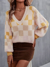 Checkered Lantern Sleeve Sweater - Hey Love Boutique