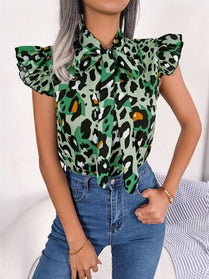 Leopard Tie Neck Cap Sleeve Blouse - Hey Love Boutique