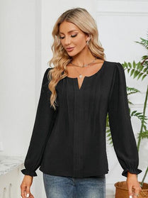 Notched Flounce Sleeve Blouse - Hey Love Boutique