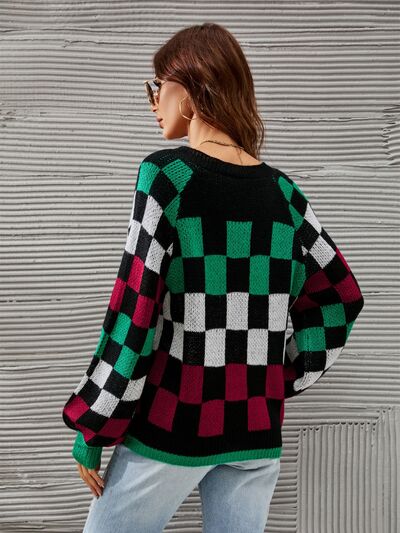 Checkered Lantern Sleeve Sweater - Hey Love Boutique