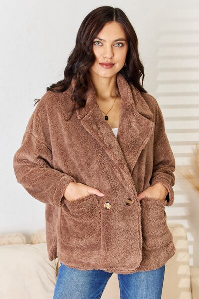 Double Breasted Fuzzy Coat - Hey Love Boutique