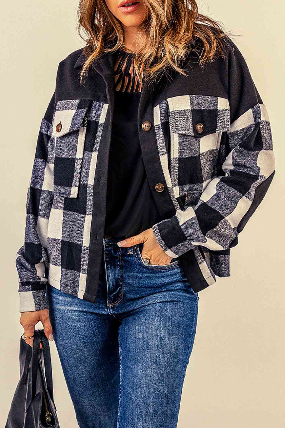 Plaid Button-UpJacket with Pockets - Hey Love Boutique