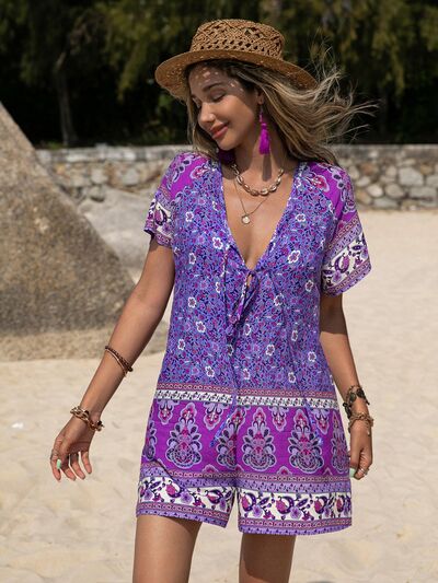 Tied Printed Short Sleeve Jumpsuit