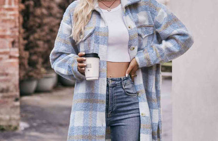 Plaid Dropped Shoulder Slit Coat