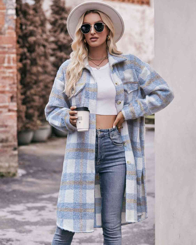 Plaid Dropped Shoulder Slit Coat