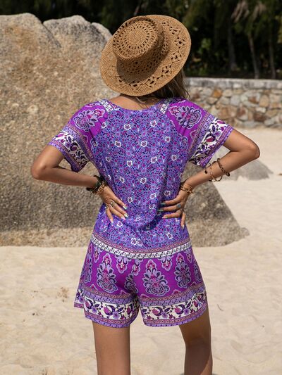 Tied Printed Short Sleeve Jumpsuit