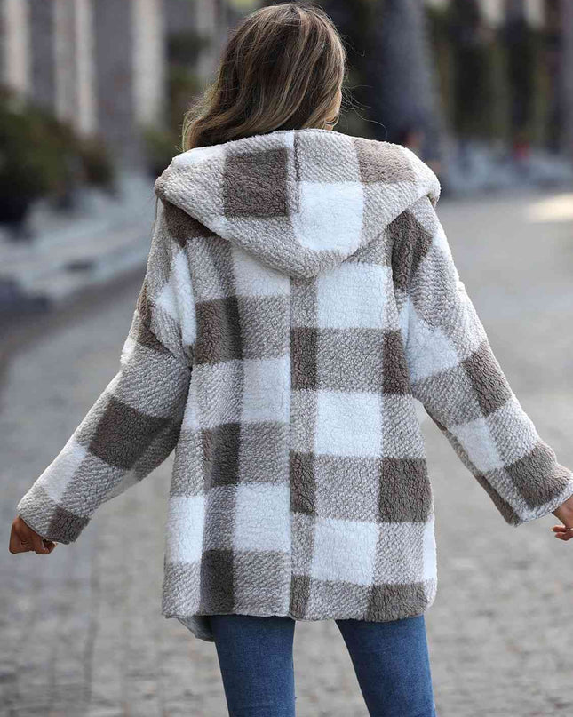 Plaid Open Front Hooded Coat - Hey Love Boutique