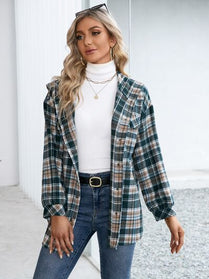 Plaid Snap Down Hooded Jacket - Hey Love Boutique