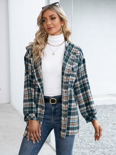 Plaid Snap Down Hooded Jacket - Hey Love Boutique