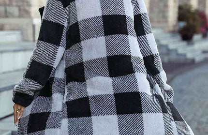 Plaid Open Front Coat with Pockets - Hey Love Boutique