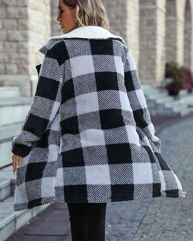 Plaid Open Front Coat with Pockets - Hey Love Boutique