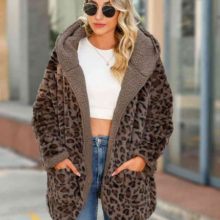 Leopard Hooded Coat with Pockets - Hey Love Boutique
