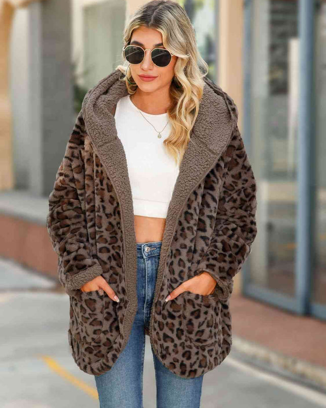 Leopard Hooded Coat with Pockets - Hey Love Boutique