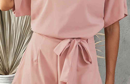 Tie Belt Short Sleeve Jumpsuit