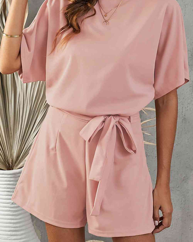 Tie Belt Short Sleeve Jumpsuit