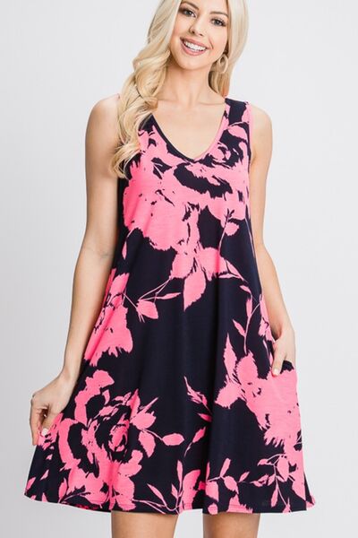 Floral V-Neck Tank Dress with Pockets - Hey Love Boutique