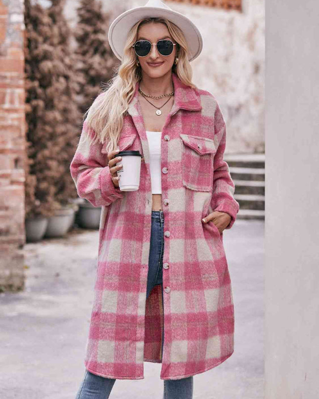 Plaid Dropped Shoulder Slit Coat