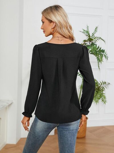Notched Flounce Sleeve Blouse - Hey Love Boutique