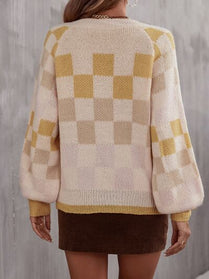 Checkered Lantern Sleeve Sweater - Hey Love Boutique