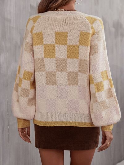 Checkered Lantern Sleeve Sweater - Hey Love Boutique