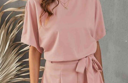 Tie Belt Short Sleeve Jumpsuit