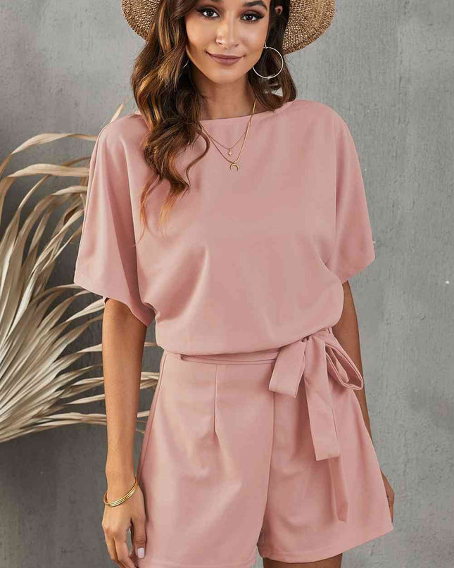 Tie Belt Short Sleeve Jumpsuit