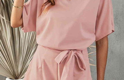 Tie Belt Short Sleeve Jumpsuit
