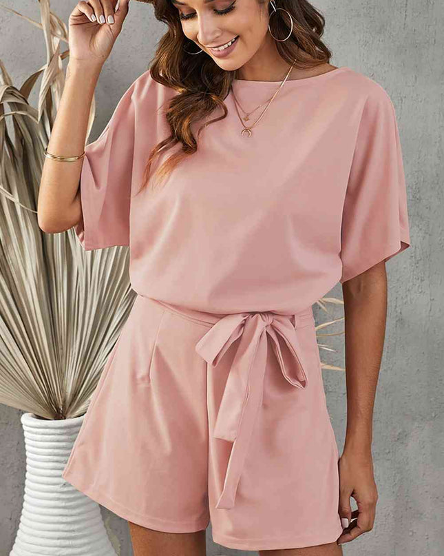 Tie Belt Short Sleeve Jumpsuit