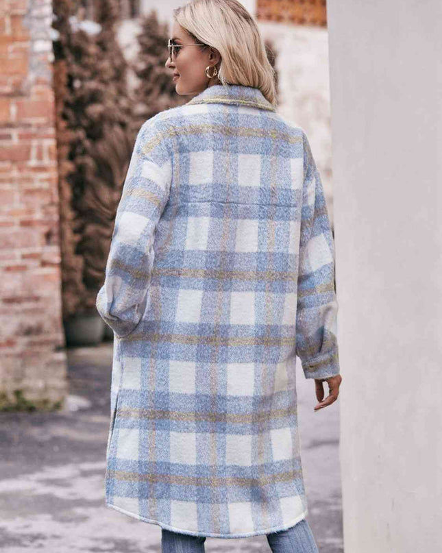 Plaid Dropped Shoulder Slit Coat