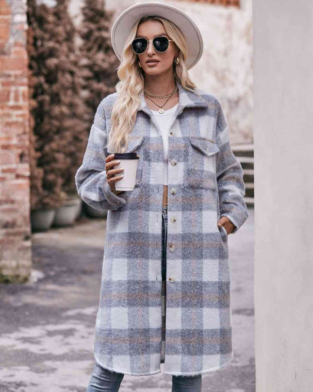 Plaid Dropped Shoulder Slit Coat
