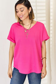 Zenana V-Neck Rolled Short Sleeve T-Shirt - Hey Love Boutique