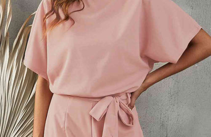 Tie Belt Short Sleeve Jumpsuit