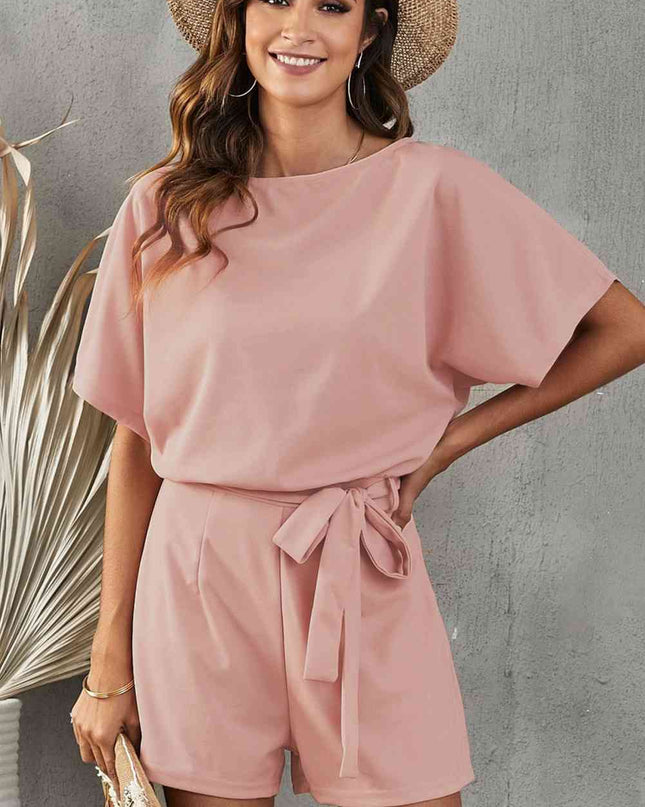 Tie Belt Short Sleeve Jumpsuit