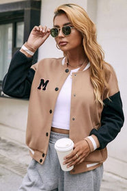 Contrast Baseball Collar Snap Down Jacket - Hey Love Boutique