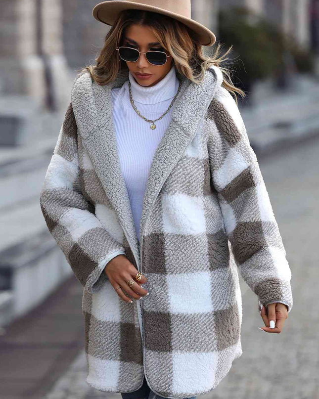 Plaid Open Front Hooded Coat - Hey Love Boutique