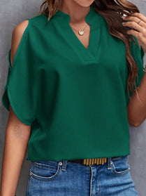 Notched Cold Shoulder Blouse - Hey Love Boutique
