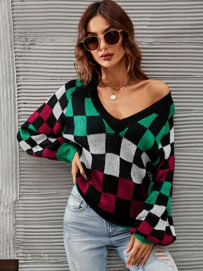 Checkered Lantern Sleeve Sweater - Hey Love Boutique