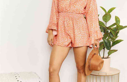 Double Take Printed Flare Sleeve Romper