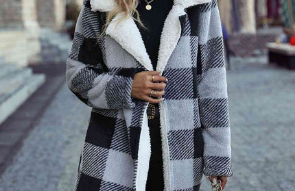 Plaid Open Front Coat with Pockets - Hey Love Boutique