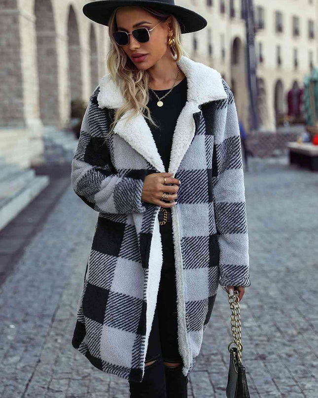 Plaid Open Front Coat with Pockets - Hey Love Boutique