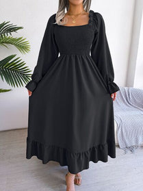Smocked Square Neck Flounce Sleeve Dress - Hey Love Boutique