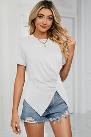 Ruched Round Neck Short Sleeve T-Shirt - Hey Love Boutique