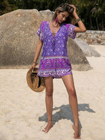 Tied Printed Short Sleeve Jumpsuit